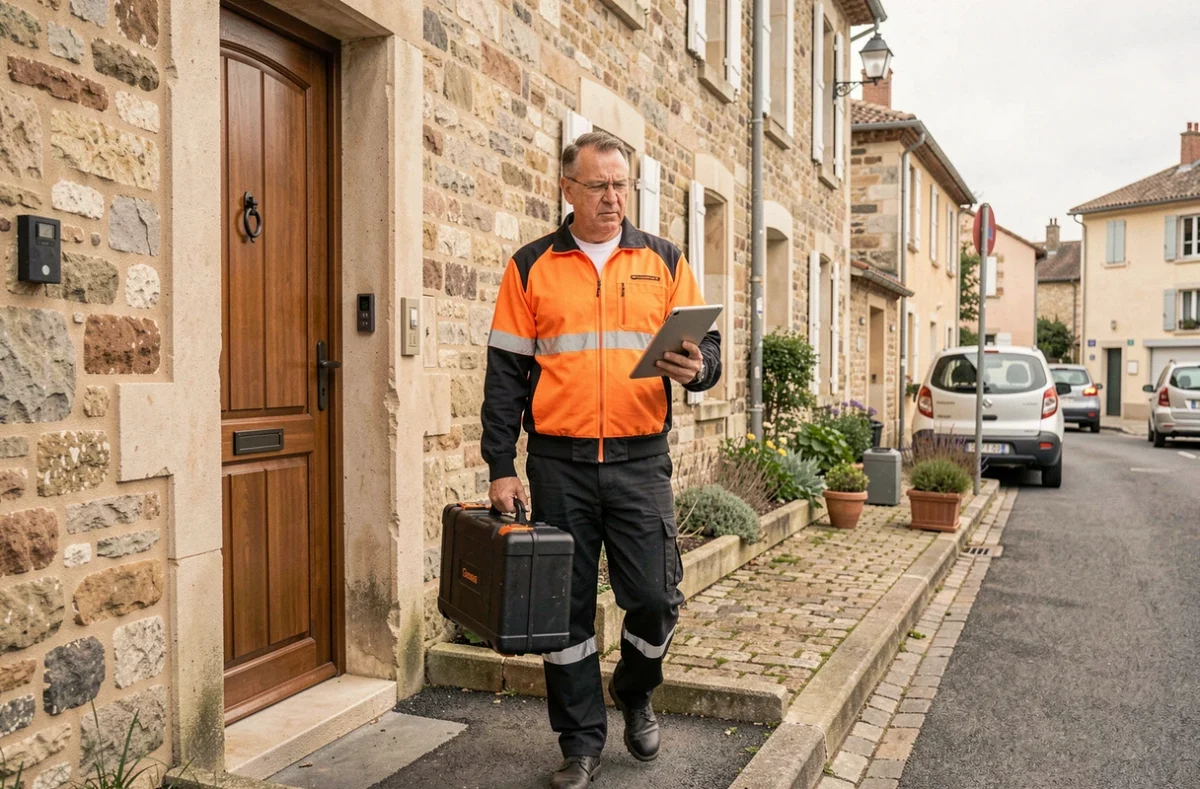 Électricien de 1Jour Elec arrivant rapidement chez un client dans un quartier résidentiel de Saint-Étienne