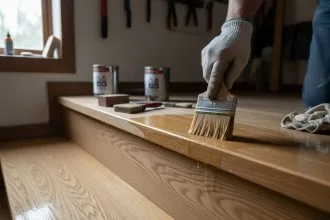 Vitrificateur appliqué sur un escalier en bois verni