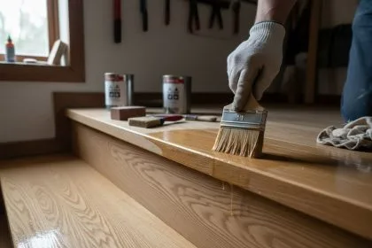 Vitrificateur appliqué sur un escalier en bois verni