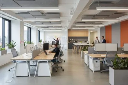 Bureau bench collectif favorisant la collaboration et l'optimisation de l'espace