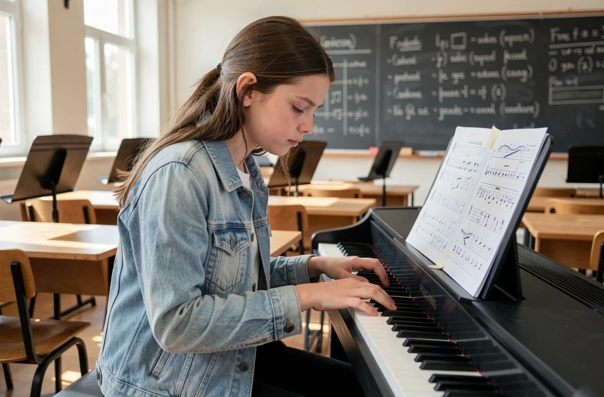 Adolescente en cours de musique scolaire apprenant à jouer le si bémol sur un piano numérique, consultant un guide de doigté pour éviter les erreurs courantes
