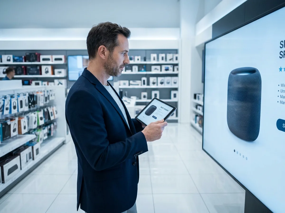 Responsable marketing comparant une image produit sur écran publicitaire et tablette en magasin