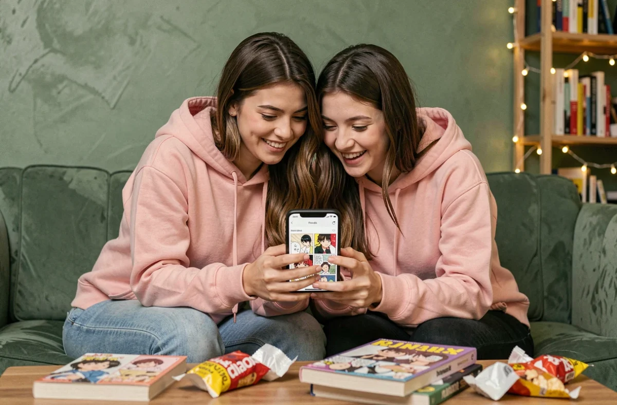 Deux amies partageant la découverte de nouveaux BL manga sur smartphone dans un salon cosy et chaleureux
