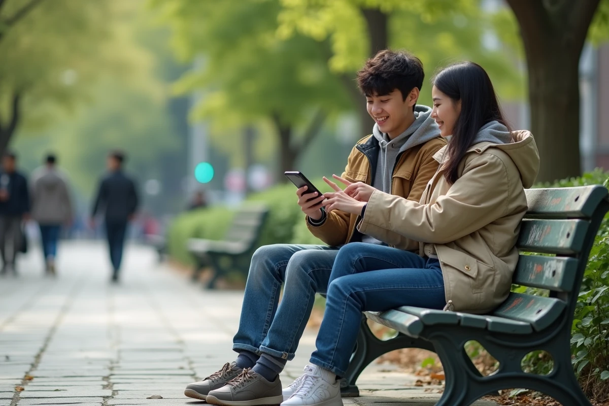 Deux jeunes adultes lisant un manhwa ensemble sur smartphone dans un parc urbain en riant