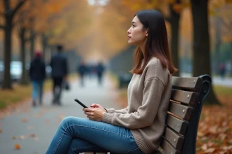 Jeune femme assise seule sur un banc de parc en automne, tenant son téléphone avec une expression mélancolique et pensive, illustrant le thème de l'amour non réciproque