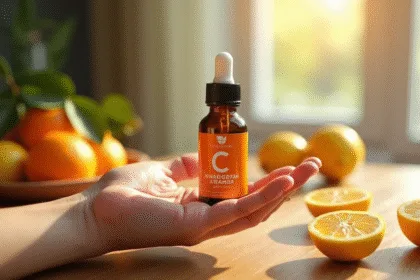 Main tenant une ampoule de vitamine C liposomale avec fruits frais