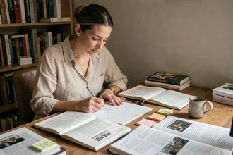 Femme analyisant la ligne éditoriale d'un blog avec des notes et documents imprimés sur un bureau en bois