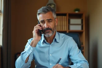 Homme utilisant un smartphone pour appeler l'Algérie depuis un bureau à domicile