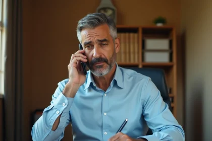 Homme utilisant un smartphone pour appeler l'Algérie depuis un bureau à domicile