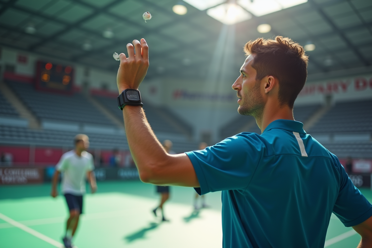 Arbitre tenant un sifflet près du terrain de handball