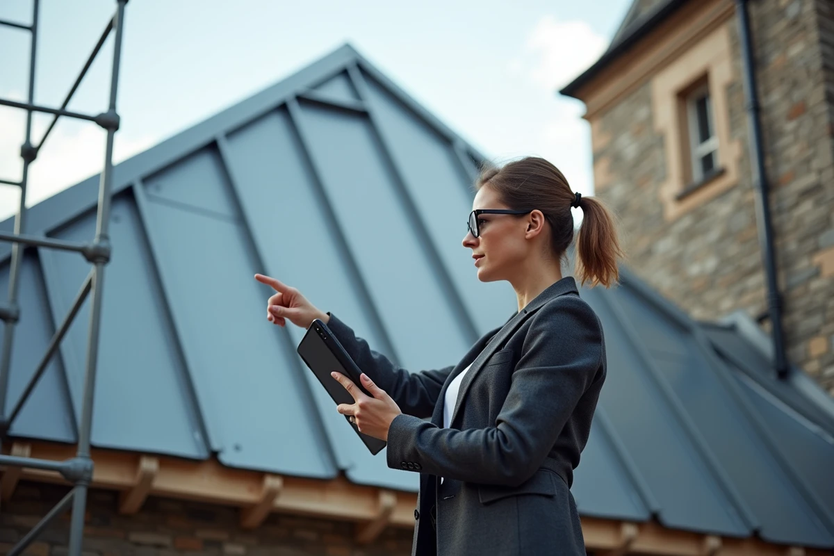 Architecte féminine consultant une application de calcul de pente sur tablette devant un toit en zinc en rénovation