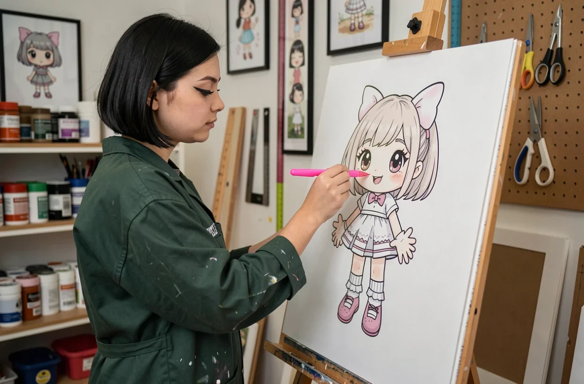 Jeune femme artiste coloriant une grande illustration kawaii Mortelle Adèle dans un atelier