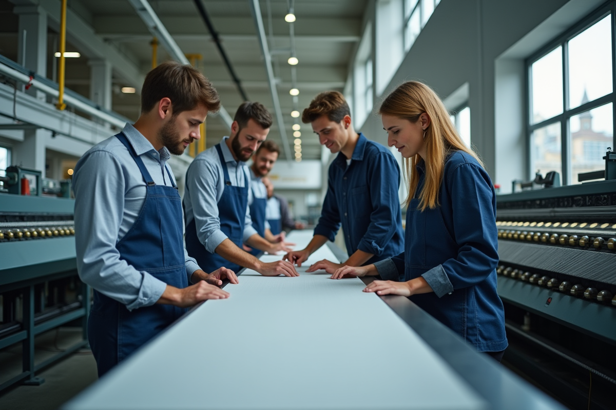 Jeunes travailleurs textiles collaborant sur une machine à Roubaix