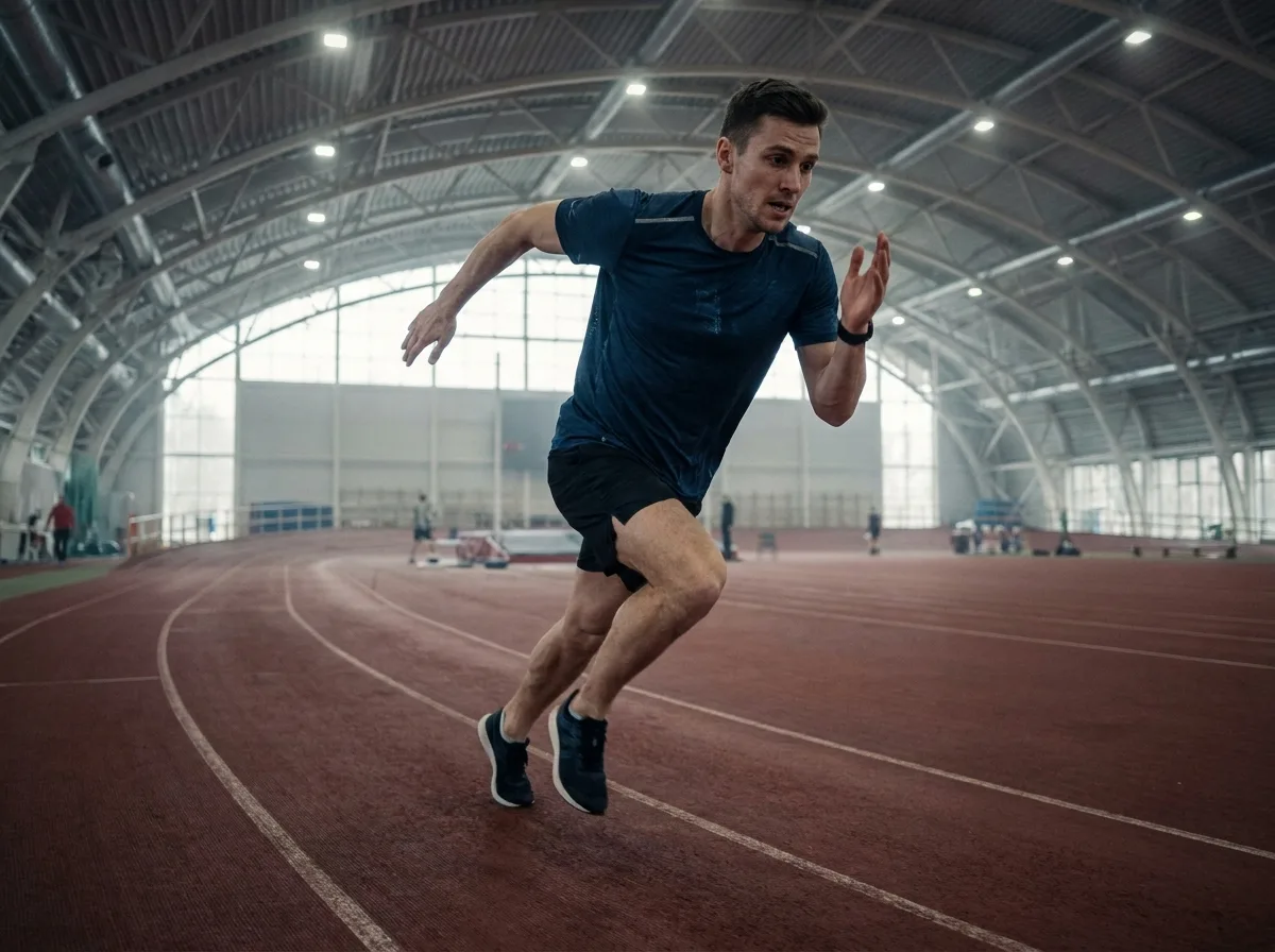 Athlète masculin effectuant des sprints sur une piste d'athlétisme couverte pour préparer des compétitions en extérieur