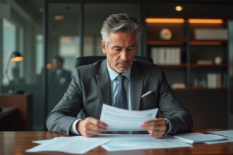 Banquier homme en costume gris dans un bureau moderne