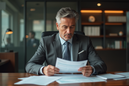 Banquier homme en costume gris dans un bureau moderne