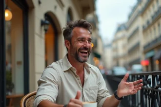 Homme français racontant une blague avec enthousiasme à la terrasse d'un café parisien