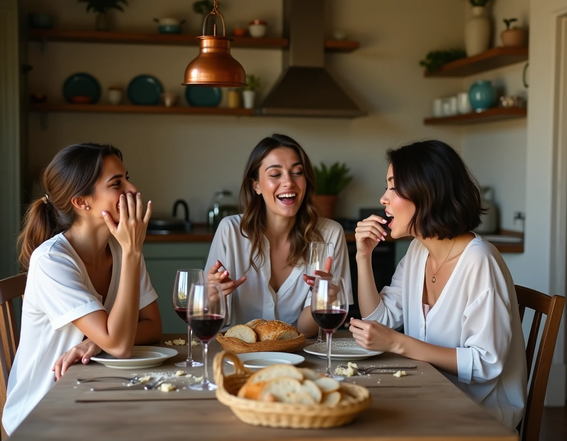 Groupe de femmes françaises riant autour d'une table lors d'un dîner convivial