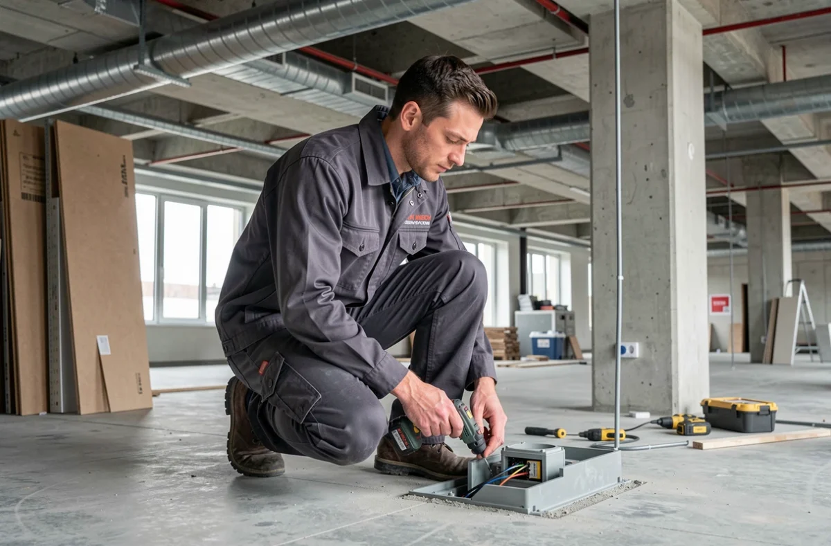 Technicien de bm6 elec intervenant sur un boîtier électrique au sol dans un bâtiment commercial de Saint-Étienne