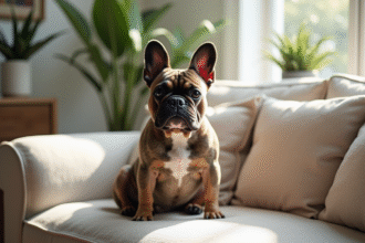 Bouledogue exotique assis sur un canapé cosy dans un salon lumineux