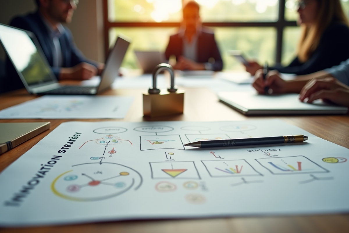 Equipe en brainstorming avec diagrammes et cadenas ouvert
