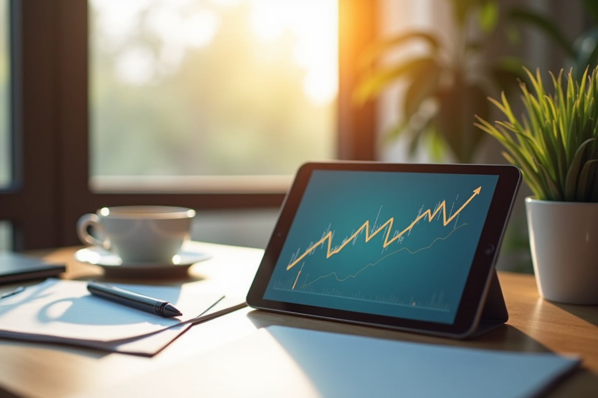 Bureau moderne avec tablette affichant une baisse des taux d