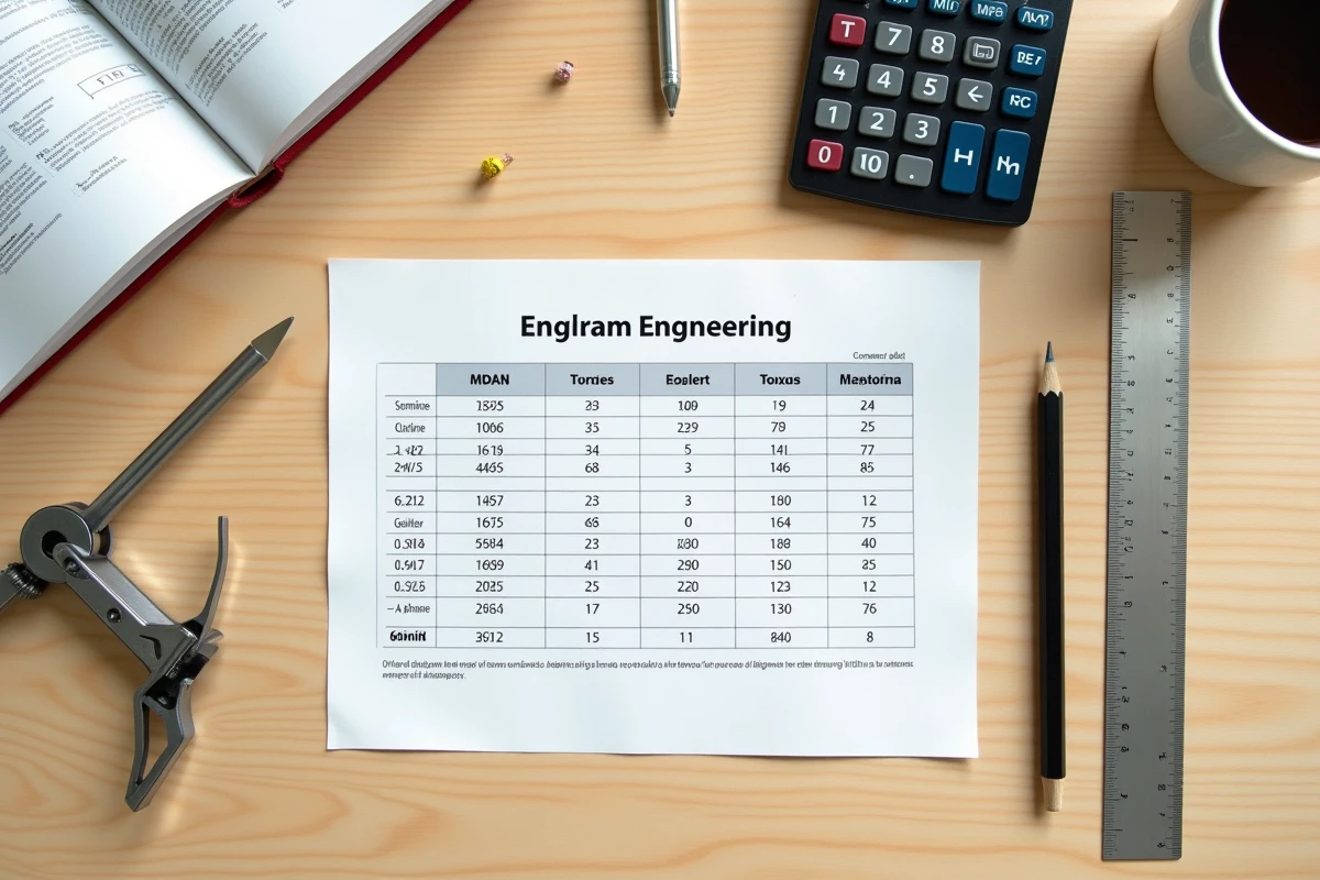 Vue aérienne d'un bureau d'ingénierie avec table de conversion de couple MDAN en Newton-mètre et outils de calcul