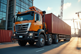 Camion multiaxle en action sur un chantier urbain avec conteneur