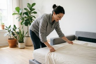 Femme installant un canapé-lit dépliable dans un salon moderne et épuré pour accueillir des proches