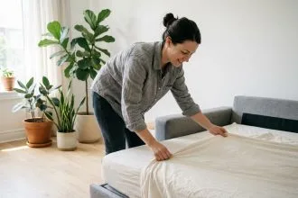 Femme installant un canapé-lit dépliable dans un salon moderne et épuré pour accueillir des proches