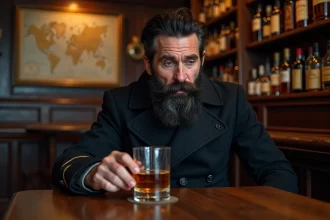 Homme barbu en manteau de capitaine tenant un verre de whisky ambré dans un pub maritime vintage, évoquant l'univers de Tintin et du capitaine Haddock