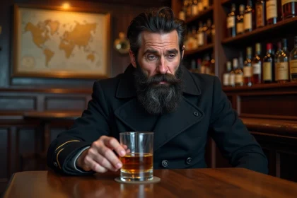 Homme barbu en manteau de capitaine tenant un verre de whisky ambré dans un pub maritime vintage, évoquant l'univers de Tintin et du capitaine Haddock