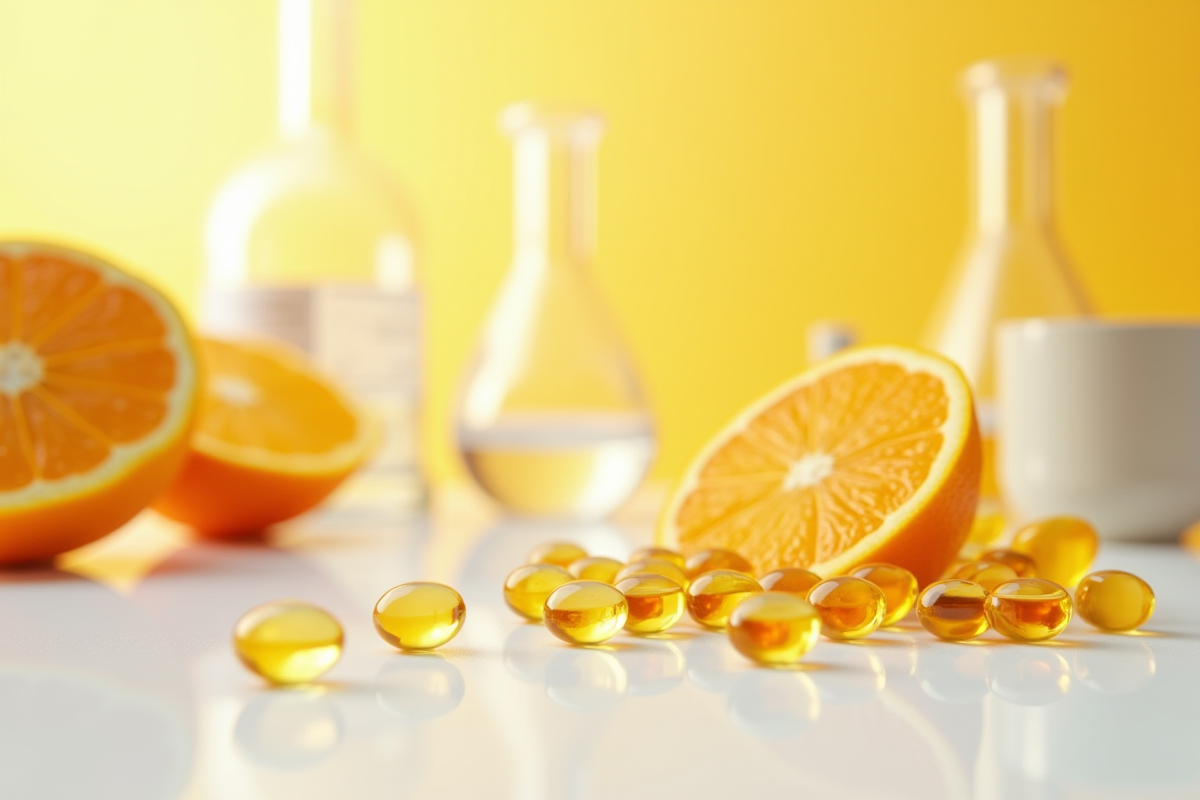 Capsules dorées de vitamine C liposomale avec orange tranchée