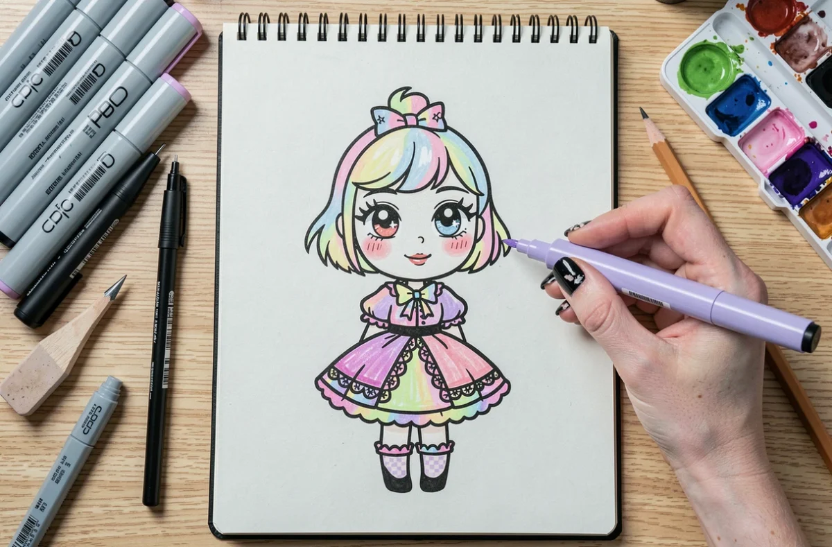 Vue de dessus d'un carnet de croquis avec dessin kawaii Mortelle Adèle entouré de marqueurs colorés