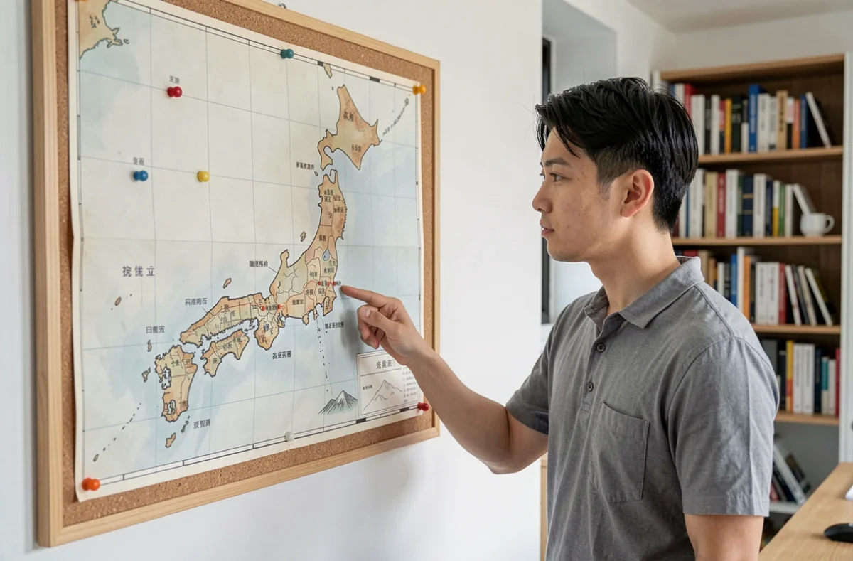 Homme pointant une ville sur une carte vintage du Japon épinglée au mur, représentant la recherche de petites villes japonaises à 3 lettres