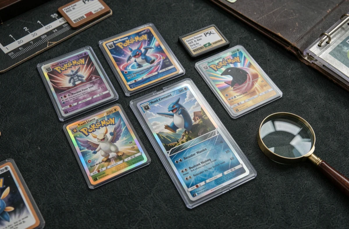 Vue aérienne de cartes Pokémon rares holographiques et une carte gradée PSA sur un tapis de collection en feutre sombre