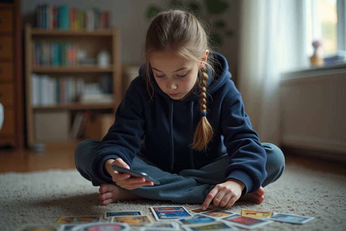 Adolescente cataloguant sa collection de cartes Pokémon avec une application smartphone sur le sol de sa chambre