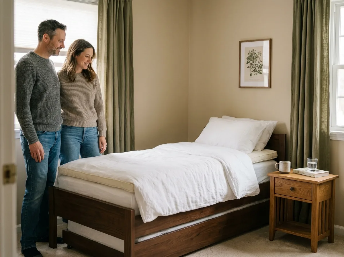 Couple aménageant une chambre d'appoint confortable avec un lit d'hôte de qualité pour recevoir la famille
