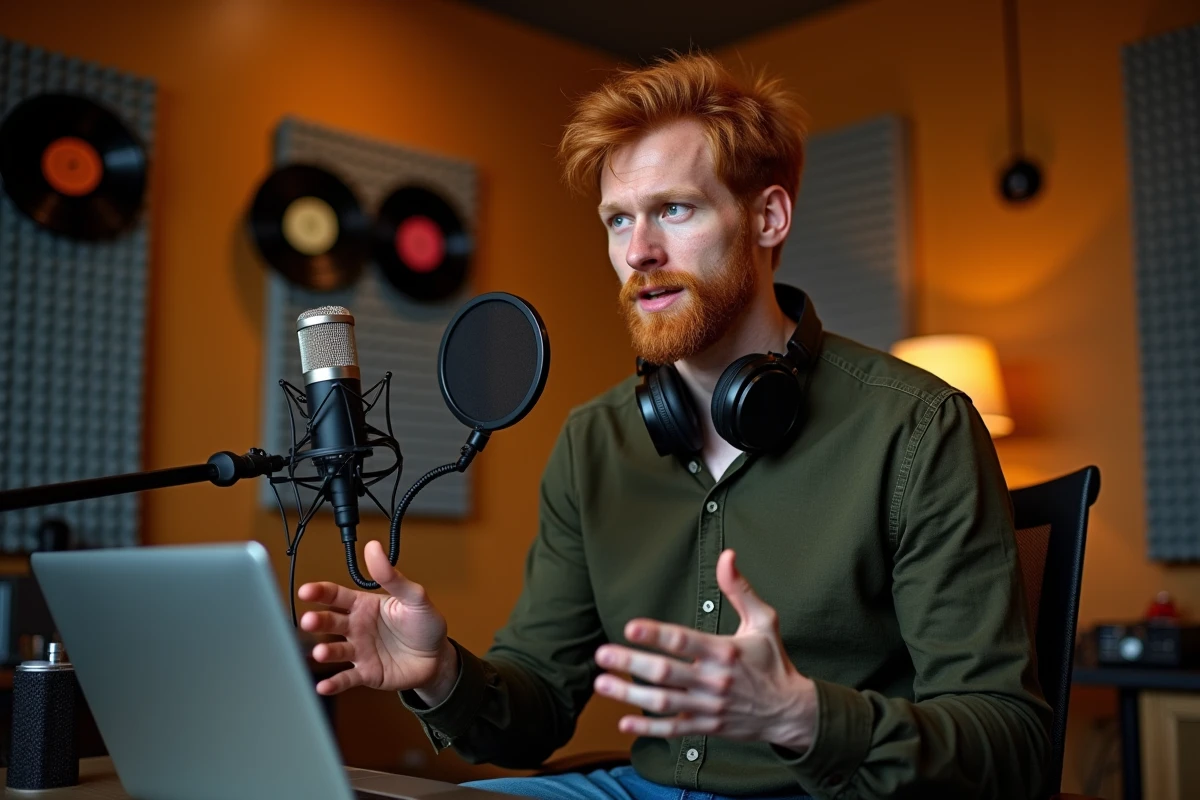 Chanteur roux en studio d'enregistrement réagissant à son succès viral sur TikTok et Instagram devant un ordinateur portable