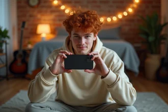 Jeune chanteur roux filmant une vidéo TikTok dans sa chambre avec un smartphone, ambiance cosy et authentique