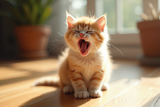 Chaton pelage doux assis sur un sol en bois en plein soleil