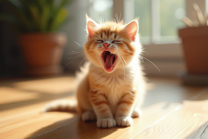 Chaton pelage doux assis sur un sol en bois en plein soleil