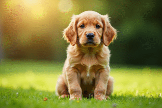 Chiot cocker spaniel doré assis sur l'herbe verte en plein jour