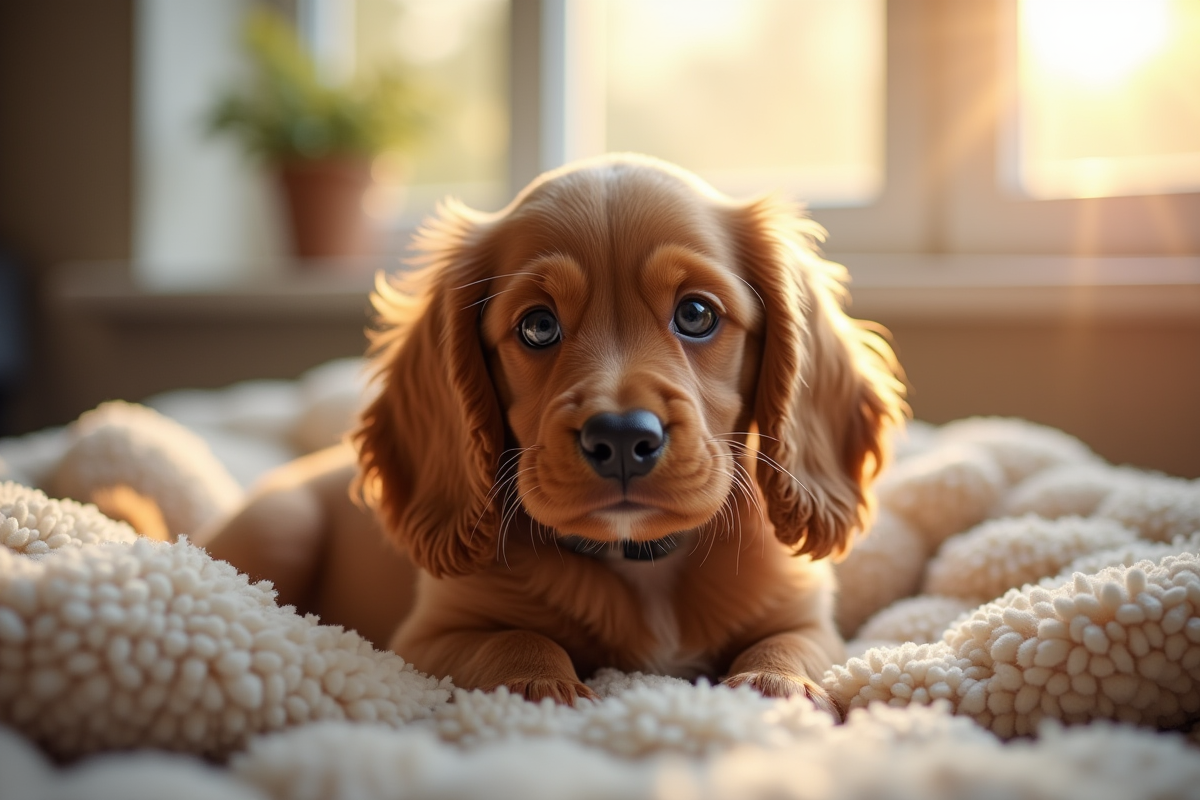 Chiot cocker spaniel joueur allongé sur une couverture près d