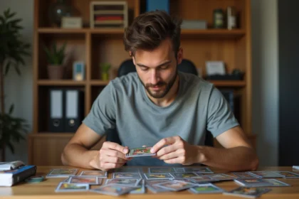 Jeune homme qui classe soigneusement des cartes Pokémon dans des protèges-cartes transparents à son bureau en bois
