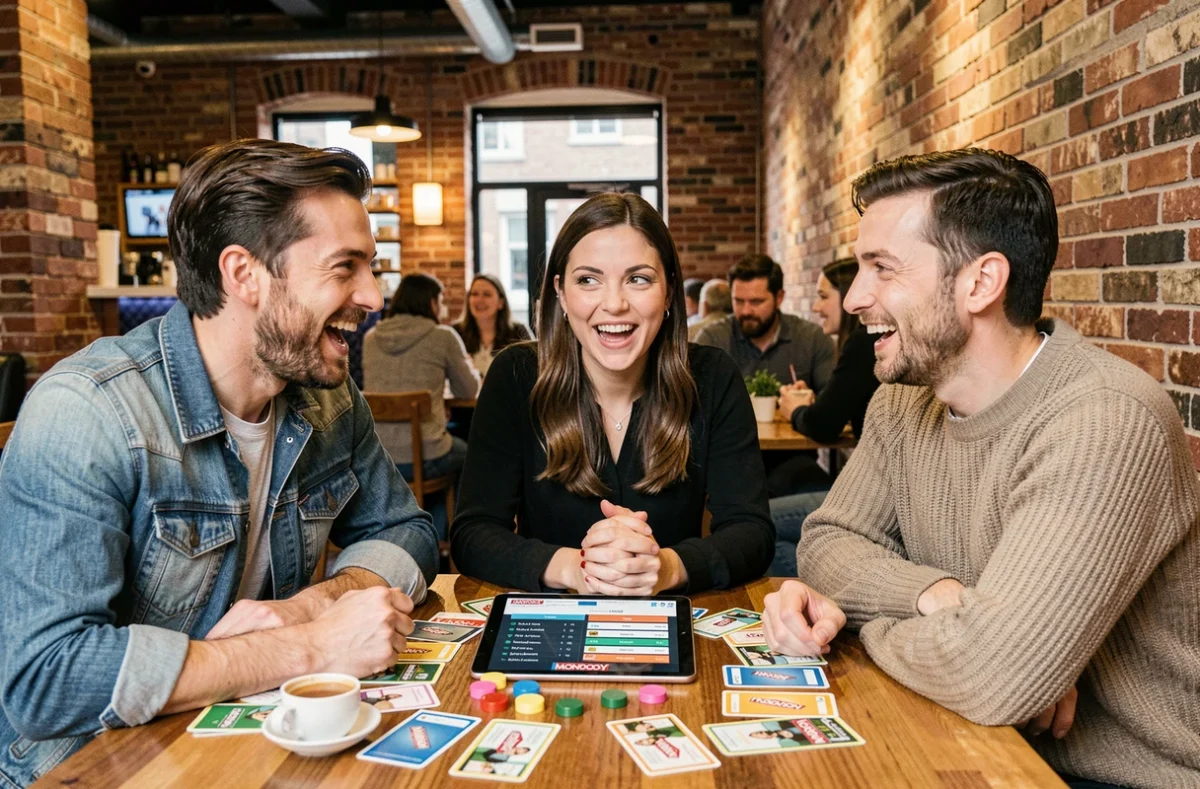 Groupe d'amis adultes jouant à Monopoly Go autour d'une table de café avec des cartes et un tableau de scores, illustrant le Club des Magnats en groupe