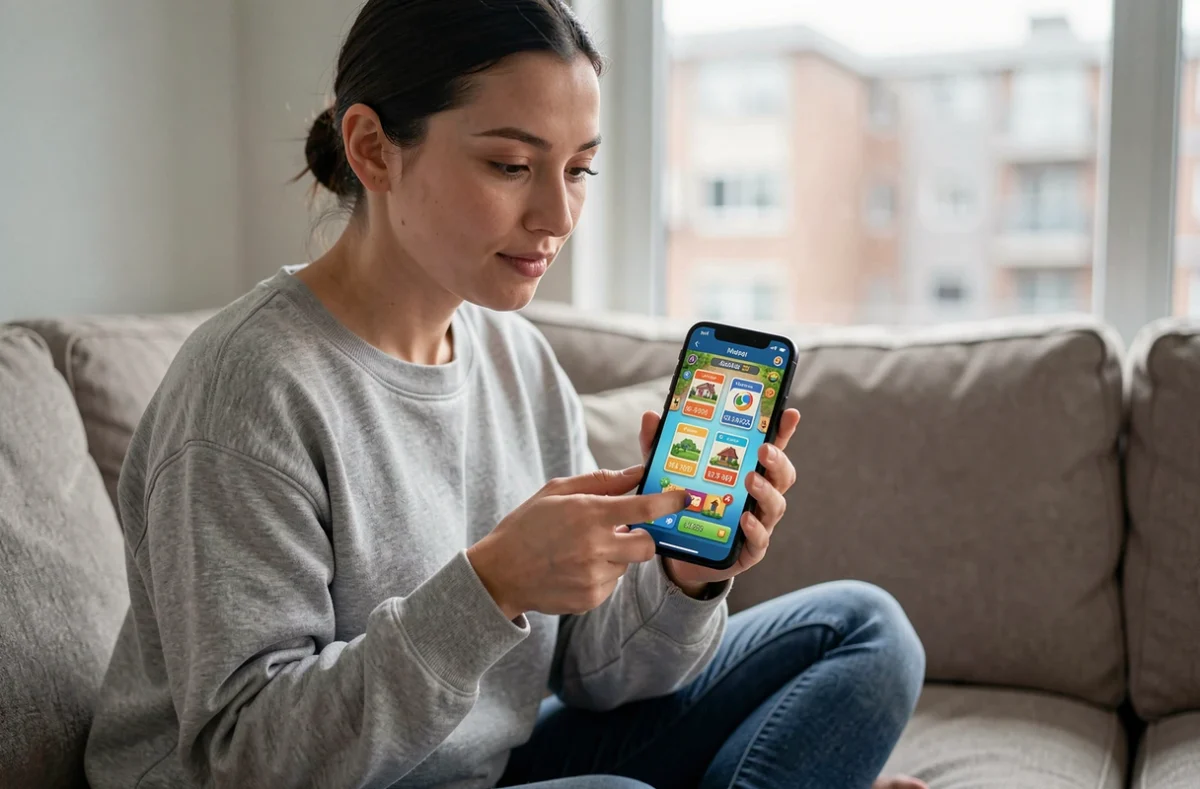 Jeune femme jouant à Monopoly Go sur smartphone dans un salon cosy, représentant le gameplay du Club des Magnats en 2026