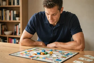 Homme adulte analysant un plateau de jeu Monopoly avec des billets éparpillés, illustrant une stratégie de jeu pour le Club des Magnats dans Monopoly Go