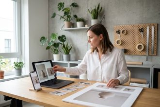 Designer alignant des images produits cohérentes sur ordinateur, smartphone et affiche dans un studio de création