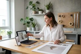 Designer alignant des images produits cohérentes sur ordinateur, smartphone et affiche dans un studio de création